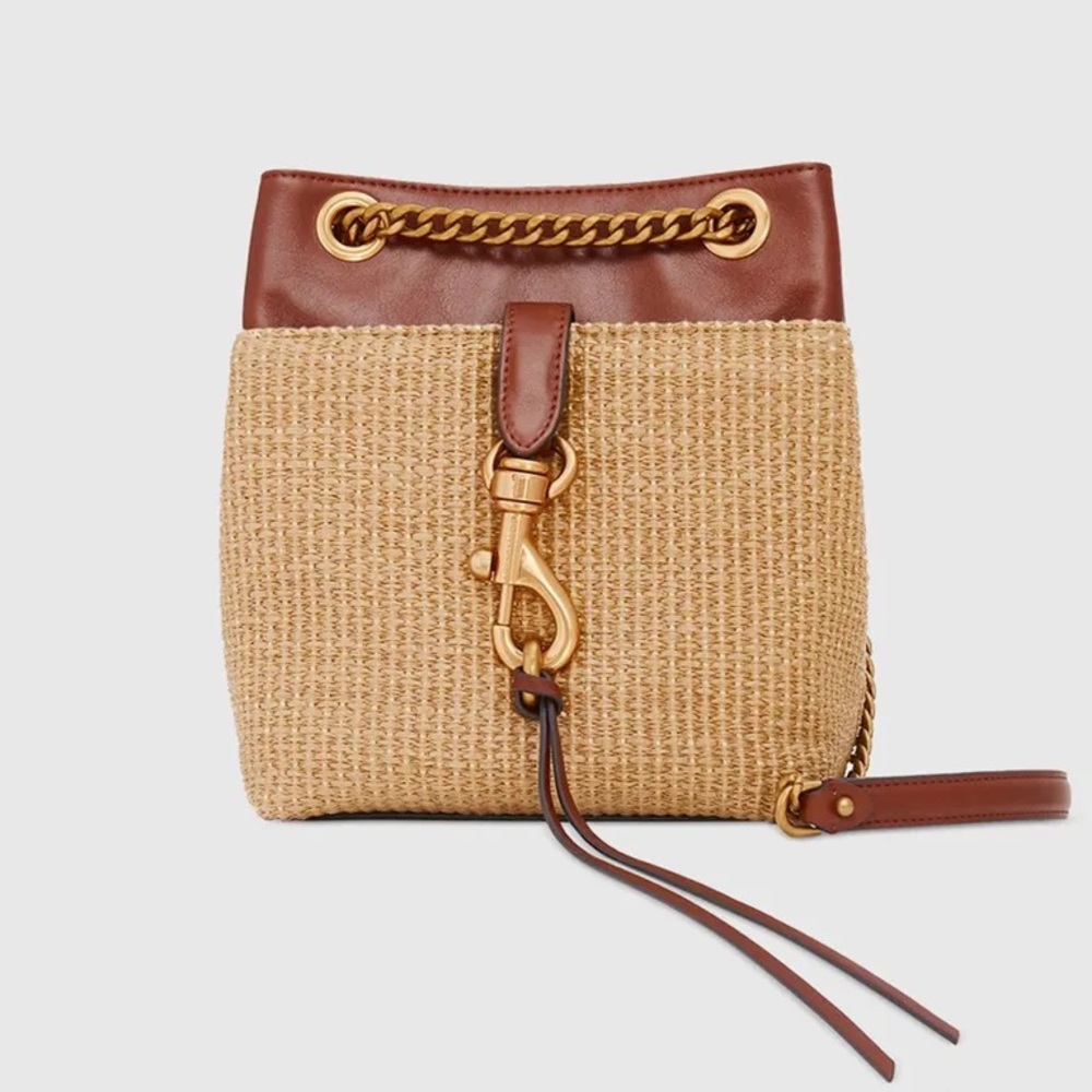 Rebecca Minkoff Tan Woven Straw and Brown Leather Drawstring Crossbody